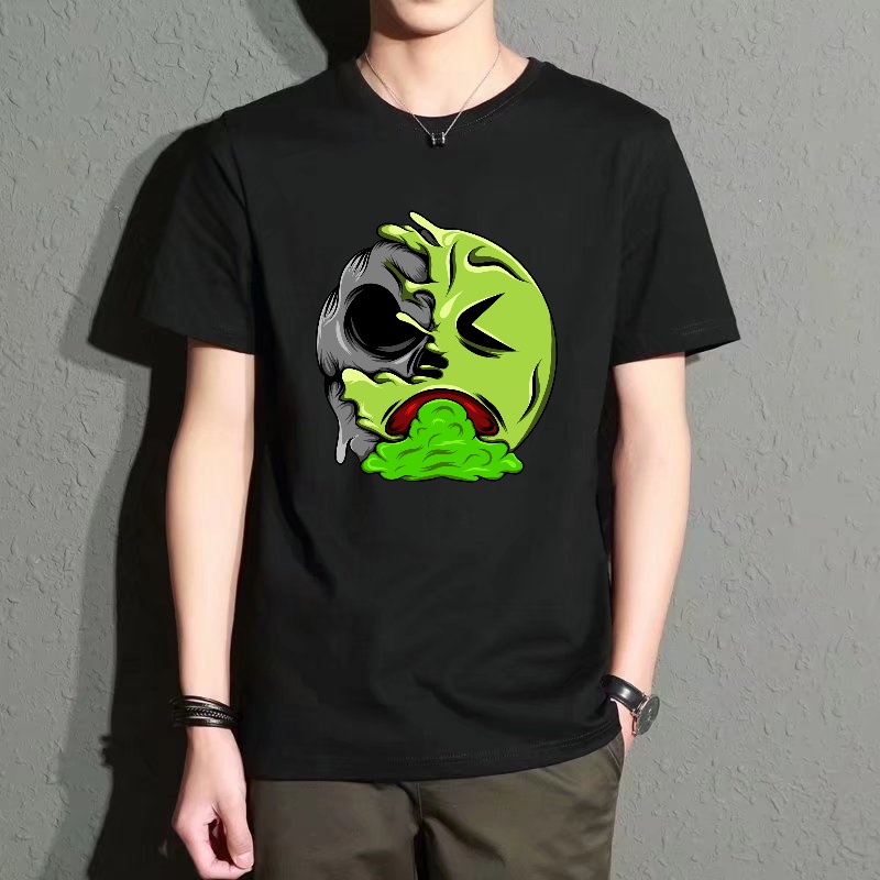 Quirky Street Fashion - Men's Black Round-Neck Short-Sleeved T-Shirt, Fun