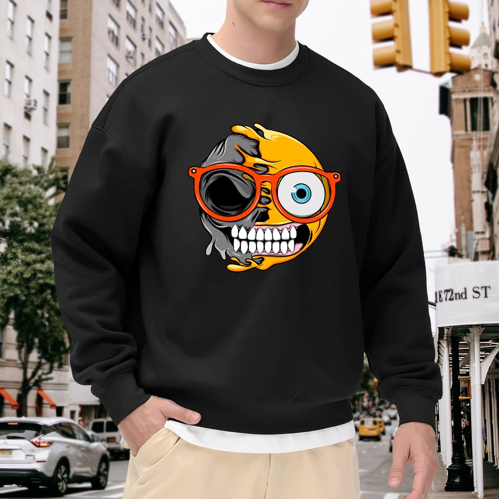 Quirky Street Fashion - Men's Black Loose-Fitting Crewneck Sweatshirt with